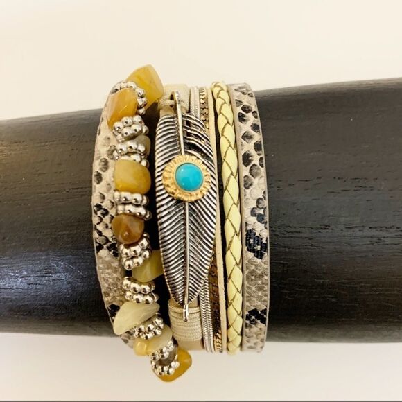 Metal Leaf Layered Animal Print Magnetic Bracelet - Picture 1 of 8